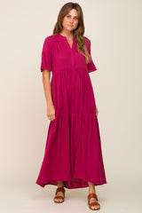 Magenta Gauze Split V-Neck Tiered Maternity Maxi Dress