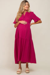 Magenta Gauze Split V-Neck Tiered Maternity Maxi Dress