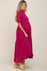 Magenta Gauze Split V-Neck Tiered Maternity Maxi Dress