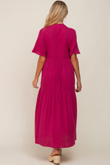 Magenta Gauze Split V-Neck Tiered Maternity Maxi Dress