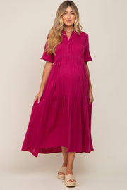 Magenta Gauze Split V-Neck Tiered Maternity Maxi Dress