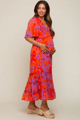 Red Orange Floral Ruffle Tier Accent Maternity Midi Dress