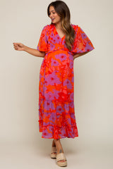 Red Orange Floral Ruffle Tier Accent Maternity Midi Dress