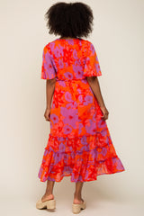 Red Orange Floral Ruffle Tier Accent Midi Dress