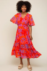 Red Orange Floral Ruffle Tier Accent Maternity Midi Dress