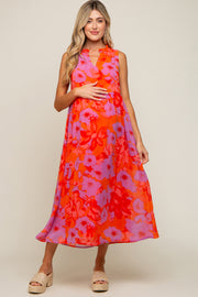 Orange Floral Split Ruffle Neck Tiered Maternity Midi Dress