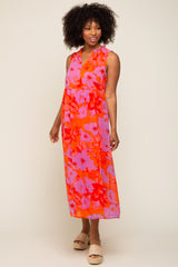 Orange Floral Split Ruffle Neck Tiered Midi Dress