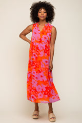 Orange Floral Split Ruffle Neck Tiered Midi Dress