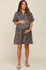 Black Printed Satin Collared Maternity Dress