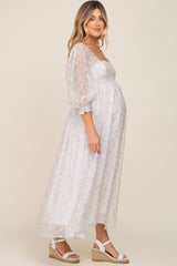 Silver Floral Square Neck Puff Sleeve Organza Maternity Maxi Dress