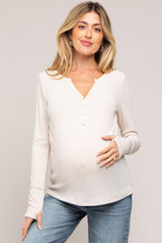 Cream Rib Knit Button Accent Maternity Long Sleeve Top