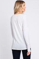 Ivory Rib Knit Button Accent Long Sleeve Top