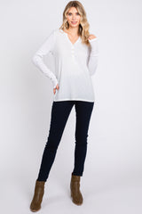 Ivory Rib Knit Button Accent Long Sleeve Top