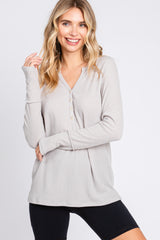 Taupe Rib Knit Button Accent Long Sleeve Top