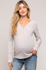 Taupe Rib Knit Button Accent Maternity Long Sleeve Top