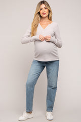 Taupe Rib Knit Button Accent Maternity Long Sleeve Top