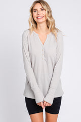 Taupe Rib Knit Button Accent Long Sleeve Top