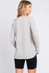 Taupe Rib Knit Button Accent Long Sleeve Top