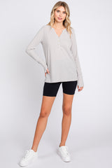 Taupe Rib Knit Button Accent Long Sleeve Top