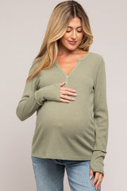 Light Olive Rib Knit Button Accent Maternity Long Sleeve Top