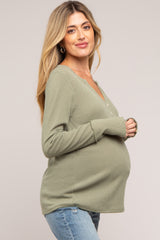 Light Olive Rib Knit Button Accent Maternity Long Sleeve Top