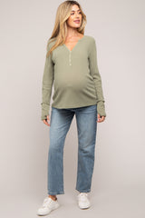 Light Olive Rib Knit Button Accent Maternity Long Sleeve Top