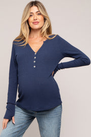 Navy Rib Knit Button Accent Maternity Long Sleeve Top