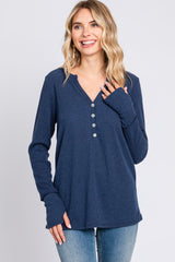 Navy Rib Knit Button Accent Maternity Long Sleeve Top