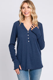 Navy Rib Knit Button Accent Long Sleeve Top