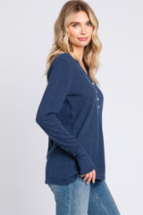 Navy Rib Knit Button Accent Long Sleeve Top