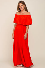 Orange Pleated Off Shoulder Maternity Maxi Dress