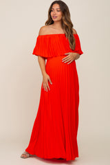 Orange Pleated Off Shoulder Maternity Maxi Dress