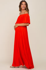 Orange Pleated Off Shoulder Maternity Maxi Dress