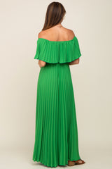 Green Pleated Off Shoulder Maxi Dress