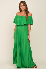 Green Pleated Off Shoulder Maxi Dress