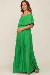 Green Pleated Off Shoulder Maternity Maxi Dress