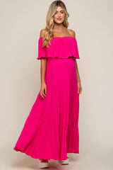 Fuchsia Pleated Off Shoulder Maternity Maxi Dress