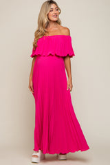 Fuchsia Pleated Off Shoulder Maternity Maxi Dress