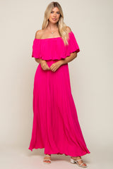 Fuchsia Pleated Off Shoulder Maternity Maxi Dress