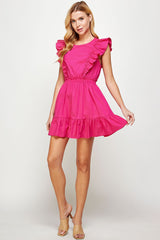 Fuchsia Back Tie Detail Ruffled Sleeveless Mini Dress