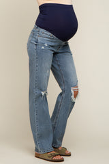 Blue Distressed Straight Maternity Jeans