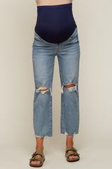 Blue Distressed Open Knee Maternity Wide Leg Jeans