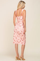 Peach Floral Mesh Ruched Midi Dress