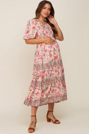 Mauve Floral Puff Sleeve Tiered Maternity Midi Dress