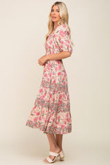 Mauve Floral Puff Sleeve Tiered Midi Dress