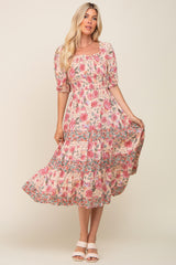 Mauve Floral Puff Sleeve Tiered Midi Dress