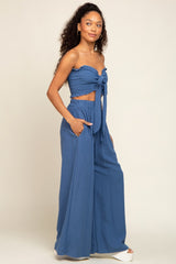 Blue Front Tie Crop Top and Pant Set