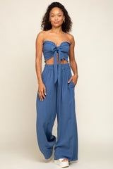 Blue Front Tie Crop Top and Pant Set