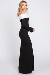 Black Ribbed Knit Colorblock Long Sleeve Off Shoulder Gown