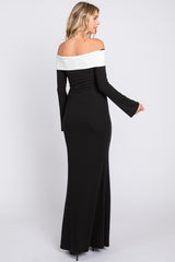 Black Ribbed Knit Colorblock Long Sleeve Off Shoulder Gown